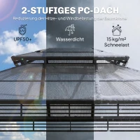 Outsunny Tuinpaviljoen ca. 3,6x3m Aluminium Paviljoen met 6 mm Polycarbonaat Dubbel Dak Muggennet 4 Zijpanelen Donkergrijs(m-4)