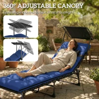 Outsunny Folding Sun Lounger with Canopy, Reclining Sunbed with Cushion, Side Pocket, Carrying Handle, Dark Blue(m-4)