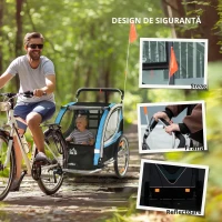 HOMCOM Remorcă Bicicletă pentru Copii, Design 2 în 1 cu Frână și Centură de Siguranță, 142x75x101 cm, Albastru(m-5)