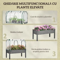 Outsunny Pat pentru Grădină Ridicat cu Acoperiș din PE, Jardinieră Ridicată din Brad cu 4 Găuri de Drenaj, pentru Flori și Legume, pentru Grădină, Balcon, 121x55x117 cm, Gri Închis(m-6)