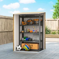 Outsunny Căsuță de Grădină 0.92m² din Oțel Galvanizat, Depozit pentru Unelte cu Ușă Blocabilă, Acoperiș Înclinat, 100x104x160 cm, Maro Deschis cu Aspect Lemn(m-7)