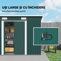Outsunny Depozit de Grădină 3.18m² din Oțel Galvanizat cu Fante de Aerisire, Spațiu de Depozitare cu Uși Glisante Blocabile, Acoperiș Înclinat, Mănuși, 272x134x182 cm, Verde Închis(m-5)