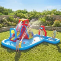 AIYAPLAY Castelo Insuflável Aquático com Insuflador 550W Escorrega Parede de Escalada Piscina Aro de Basquetebol Baliza de Futebol(m-2)