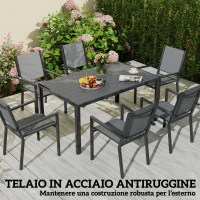 Outsunny Set da Giardino in Acciaio con Tavolo Rettangolare e 6 Sedie Impilabili Traspiranti, Grigio(m-6)