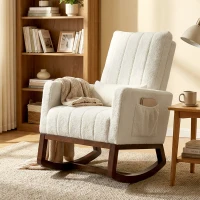 HOMCOM Schaukelstuhl, gepolsterter Snow-Flanell Schaukelstuhl, Lendenkissen, hohe Rückenlehne, Seitentaschen, Creme(m-6)