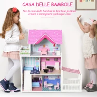 HOMCOM Casa delle Bambole in Legno, Casetta delle Bambole per Bambini a 3 Piani con 13 Accessori, Giocattolo per Bambini 3+ Anni(m-5)