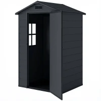 Outsunny 4 x 3 ft Plastic Garden Shed with Floor, Outdoor Storage Shed with Lockable Door, Window and Vent, Dark Grey(m-11)