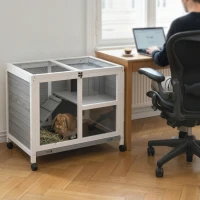 PawHut Kleintierstall mit 2 Ebenen 4 Rollen versiegeltes Tannenholz Grau(m-9)