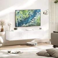 HOMCOM Mobile TV Sospeso per Televisori da 45"-55"-65" con 2 Armadietti e Ante a Ribalta, 140x33x29.8 cm, Bianco(m-2)