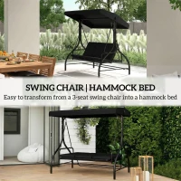 Outsunny 3 Seater Canopy Swing Chair, 2 in 1 Garden Swing Seat Bed, with Adjustable Canopy and Metal Frame, Black(m-5)