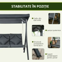 Outsunny Leagăn de grădină pentru 3 persoane cu acoperiș reglabil, din oțel și poliester, 202x115x168 cm, gri închis(m-7)