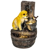 Outsunny Garden Water Feature with 3-Tier Rustic Puppy Design, Freestanding Resin with LED Lights, Adjustable Flow, Rustic Brown(m-10)