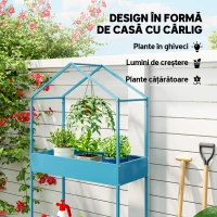 Outsunny Suport pentru Ghivece pe 2 Niveluri din Metal în Formă de Căsuță, Etajeră pentru Plante cu Agățătoare, pentru Interior și Exterior, 75x35x150 cm, Albastru-Verde(m-4)