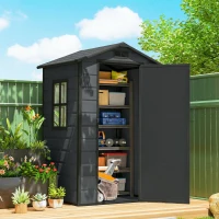 Outsunny 4 x 3 ft Plastic Garden Shed with Floor, Outdoor Storage Shed with Lockable Door, Window and Vent, Dark Grey(m-2)