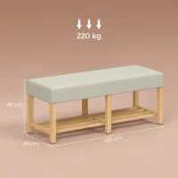 HOMCOM Banc à chaussures, banc de rangement avec siège rembourré, étagère ouverte, bois d'hévéa, 120x44x48cm, bois naturel(m-3)