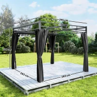 Outsunny Pergolă Gazebo 3x3 m cu Acoperiș Retractabil, 4 Pereți Laterali, Orificii de Drenare, Pergolă din Poliester și Oțel pentru Grădină, Terasă, Exterior, UV30+, Gri Închis(m-3)