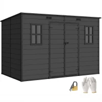Outsunny 10 x 6 ft Resin Garden Shed, Outdoor Storage Shed with Floor, Windows, Lockable Doors and Vents, Dark Grey(m-10)