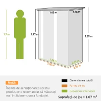 Outsunny Căsuță pentru Grădină 1,07m² din Oțel Galvanizat, Căsuță pentru Unelte cu Ușă Blocabilă, Acoperiș Înclinat, 142x86x189 cm, Argintiu(m-3)
