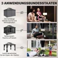 Outsunny Tuinpaviljoen ca. 3,6x3m Aluminium Paviljoen met 6 mm Polycarbonaat Dubbel Dak Muggennet 4 Zijpanelen Donkergrijs(m-5)