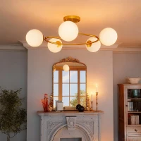 HOMCOM Plafonnier lustre moderne, luminaire plafonnier à 5 lumières avec culot G9, montage semi-affleurant, doré et blanc(m-6)