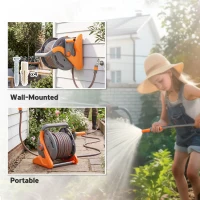 Outsunny Portable Garden Hose Reel, 20+2 m Wall Mounted Hose Reel with 2 Patterns Spray Nozzle and Crank Handle, Orange(m-4)