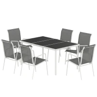 Outsunny Conjunto de Refeição de Jardim 7 Peças com Mesa de Vidro Temperado e 6 Cadeiras Empilháveis Cinzento(m-11)