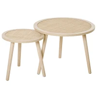 HOMCOM  2er Set Kaffeetisch Couchtisch mit Rattan-Tischplatte Stapeltisch Beistelltisch Kaffeetisch MDF Natur 40 x 40 x 40 cm/60 x 60 x 45 cm(m-1)