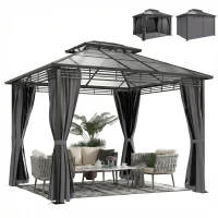 Outsunny Pabellón de jardín aprox. 3,6x3 m Pérgola de aluminio con doble techo de policarbonato 6 mm, mosquitera y 4 paneles laterales, gris oscuro(m-6)