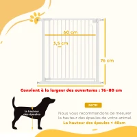PawHut Barrière de sécurité pour chiens et bébés 76 à 80 cm avec extension fixation par pression sans perçage 76 à 80cm blanc(m-3)