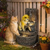 Outsunny Garden Water Feature with 3-Tier Rustic Puppy Design, Freestanding Resin with LED Lights, Adjustable Flow, Rustic Brown(m-3)