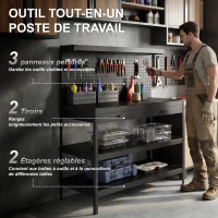 HOMCOM Établi d'Atelier, Charge Max. 272 kg, 122x61x156 cm, Panneau Perforé, 2 Tiroirs et 2 Étagères Réglables, Noir(m-4)