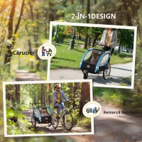 HOMCOM Remorcă Bicicletă pentru Copii, Design 2 în 1 cu Frână și Centură de Siguranță, 142x75x101 cm, Albastru(m-7)