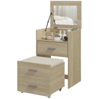 HOMCOM Postazione Trucco Toeletta con Specchio a Ribalta e Sgabello, Legno Naturale(m-10)