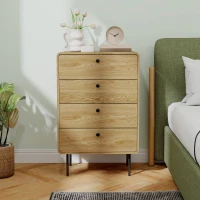 HOMCOM Commode 4 tiroirs, meuble de rangement étroit avec pieds en acier, coins arrondis, 60 x 39 x 91,5 cm, chêne(m-10)