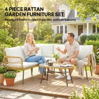 Outsunny 4-częściowy zestaw mebli ogrodowych z rattanu, zestaw z narożnikiem, sofą dwuosobową i stolikiem ze szkła, poduszki dla 5 osób(m-4)