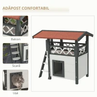 PawHut Căsuță pentru Pisici de Exterior cu Terasa și Scară, Adăpost pentru Pisici și Animale Mici din Lemn, 77x50x73 cm, Alb(m-5)