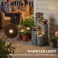 Outsunny 4-Tier Outdoor Fountain, Cascading Waterfall, Garden Fountain with LED Lights, Adjustable Flow, Grey and Rustic Brown(m-6)