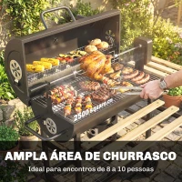 Outsunny Barbecue a Carvão Portátil Barril com Espeto Elétrico, Prateleiras Dobráveis Rodas e Termómetro(m-4)