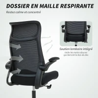 HOMCOM Chaise bureau, fauteuil de bureau, accoudoirs relevables 3D, hauteur réglable, dossier en maille, 64x65x108-118cm, noir(m-5)