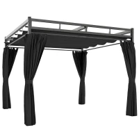 Outsunny Pergolă Gazebo 3x3 m cu Acoperiș Retractabil, 4 Pereți Laterali, Orificii de Drenare, Pergolă din Poliester și Oțel pentru Grădină, Terasă, Exterior, UV30+, Gri Închis(m-1)