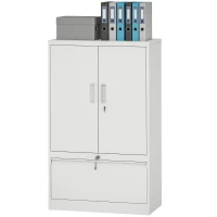 HOMCOM Mobile da Ufficio in Acciaio con Ripiano Interno Regolabile e Cassetto, 80x40x130 cm, Bianco(m-10)