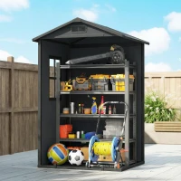 Outsunny 4 x 3 ft Plastic Garden Shed with Floor, Outdoor Storage Shed with Lockable Door, Window and Vent, Dark Grey(m-9)