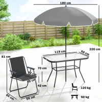 Outsunny 8-teiliges Garten-Ess-Set mit Sonnenschirm, Gartenmöbel-Set mit 6 klappbaren Stühlen, Tisch mit gehärteter Glasplatte und Sonnenschirm für Patio, Schwarz(m-3)
