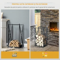 HOMCOM Suport pentru Lemne din Oțel, Suport pentru Lemne pentru Șemineu cu Vatrai, Perie și Clește, 46x30x76 cm, Negru(m-5)