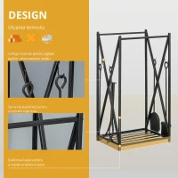 HOMCOM Suport pentru Lemne din Oțel, Suport pentru Lemne pentru Șemineu cu Vatrai, Perie și Clește, 46x30x76 cm, Negru(m-4)