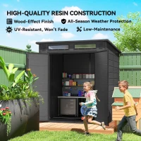 Outsunny 6 x 6 ft Plastic Garden Shed, Wood-Effect Outdoor Storage Shed with Floor, Windows, Lockable Doors and Vents, Dark Grey(m-8)