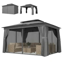 Outsunny Gazebo da Giardino a 2 Livelli con Zanzariere e Tende, in Metallo e Poliestere, 380x300x270 cm, Grigio Scuro(m-10)