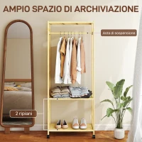 HOMCOM Stand Appendiabiti da Terra con Barra, Ripiani e 4 Ruote in Bambù, 70x35x175 cm, Legno Naturale(m-4)