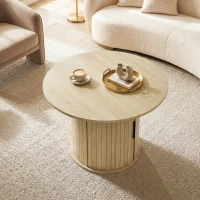 HOMCOM Tavolino rotondo con spazio contenitore da salotto, porta scorrevole a doghe e 2 ripiani, legno naturale(m-6)