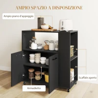 HOMCOM Carrello Cucina in Legno con Ripiano Aperto, Armadietto e Scaffale Laterale, 75x40x80.5 cm, Nero(m-4)